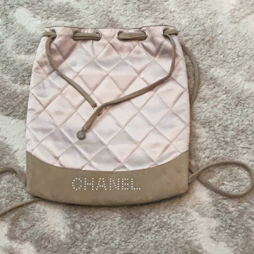 CHANEL Vintage Quilted Satin and Suede
Drawstring Backpack